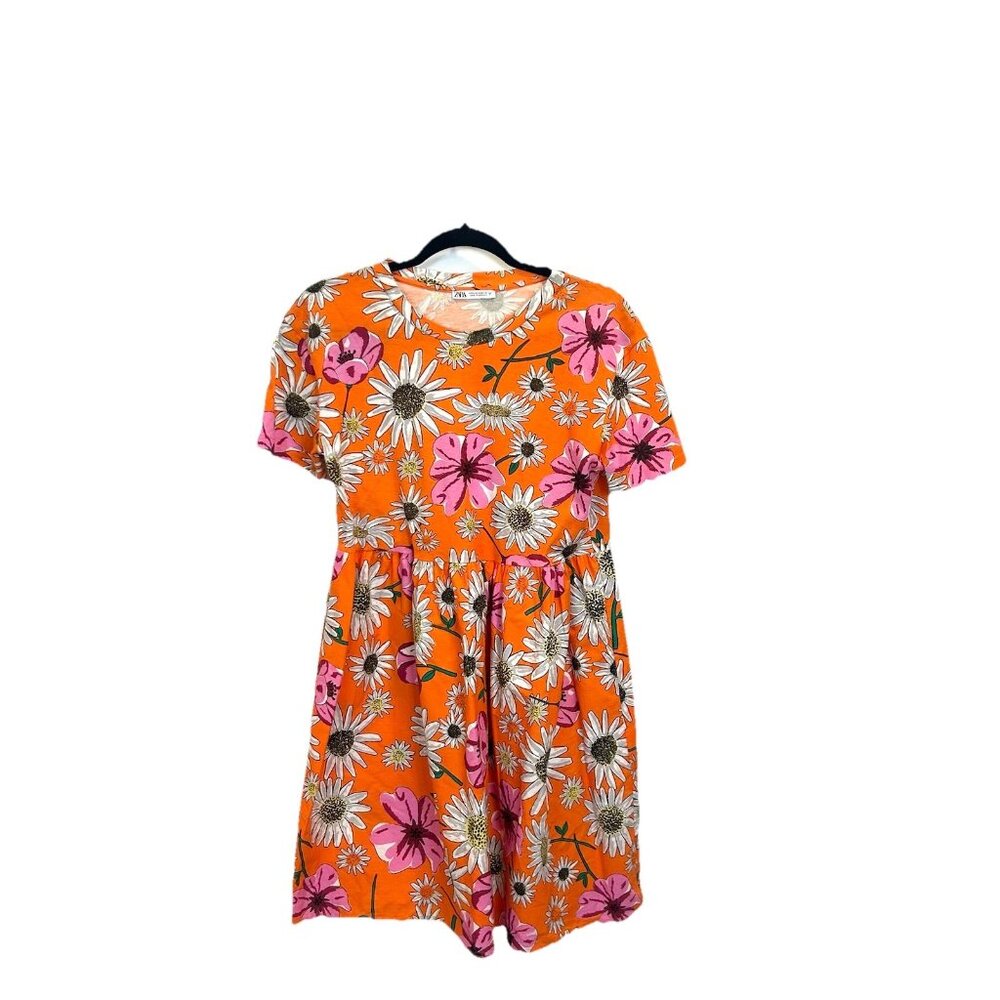 Zara Floral Cotton Jersey+Poplin‎ Combo Mini Dress Sz Small Short Sleeve